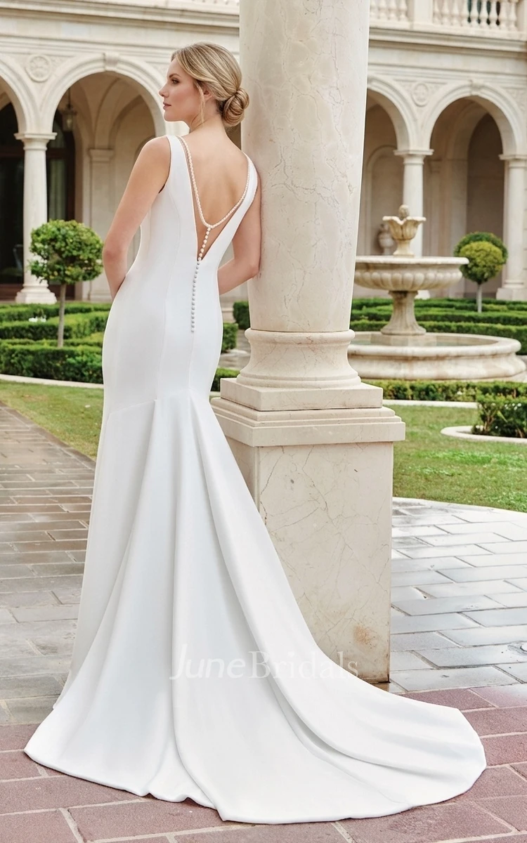 Simple Solid Mermaid V-neck Satin Beading Draping Bridal Dress Sexy Elegant Vow Renewal Floor-length Sleeveless Low-V Back with Button Wedding Gown