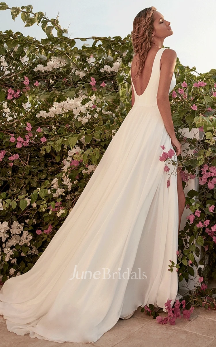 A-Line Bateau Beach Chiffon Wedding Dress With Open Back And Split Front
