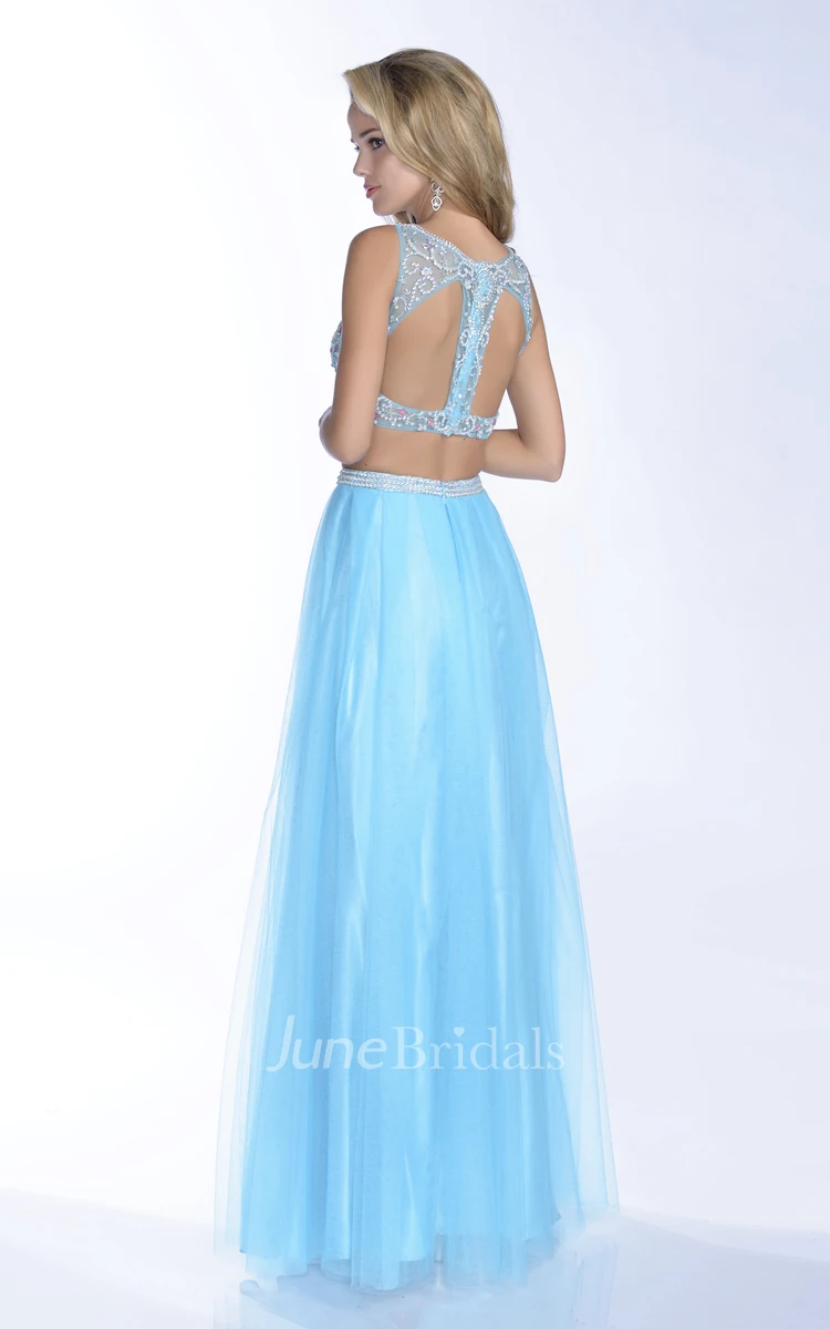 A-Line Tulle Crop Top Bateau Neck Sleeveless Prom Dress With Jeweled Bodice