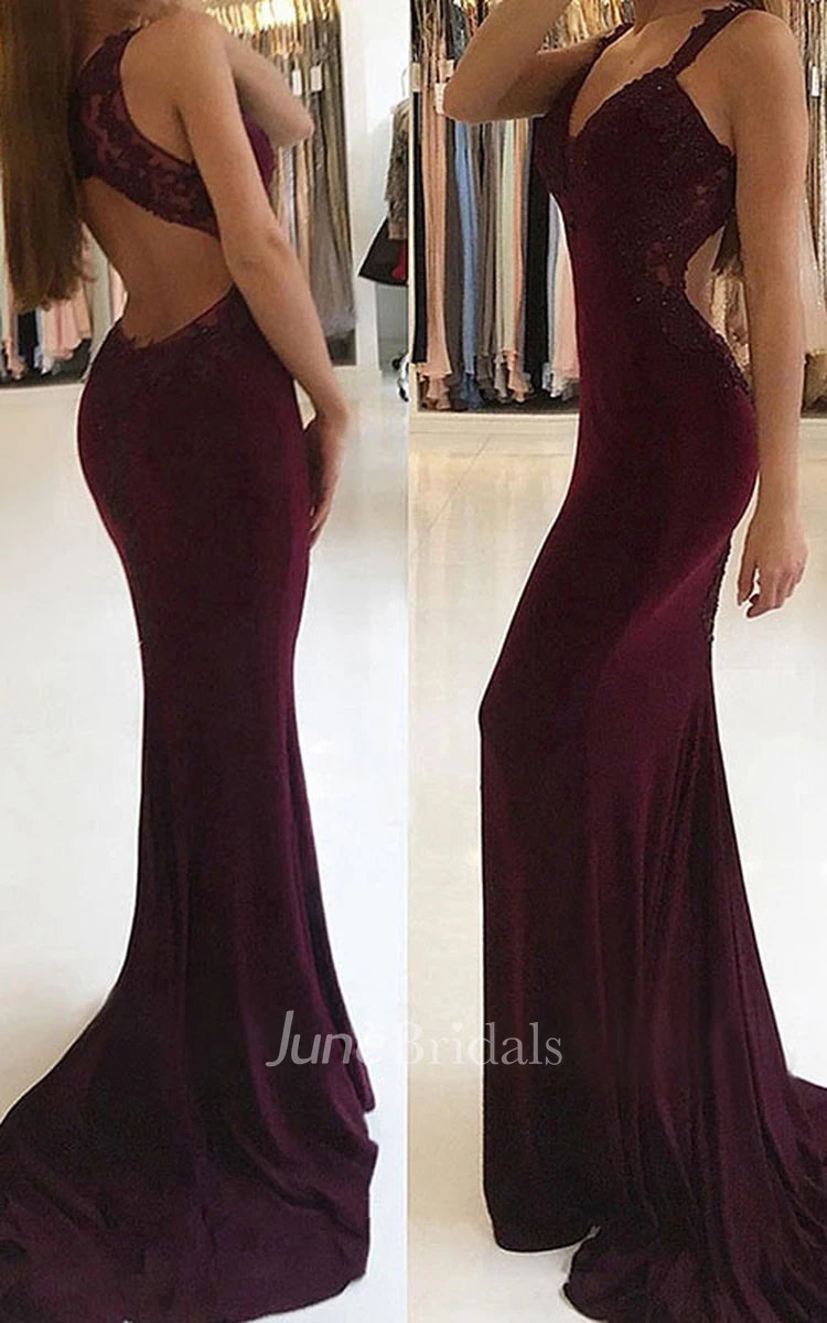 V-neck Mermaid Satin Lace Beach Evening Dress Simple Casual Sexy Romantic With Open Back Keyhole Back And Appliques And Sleeveless
