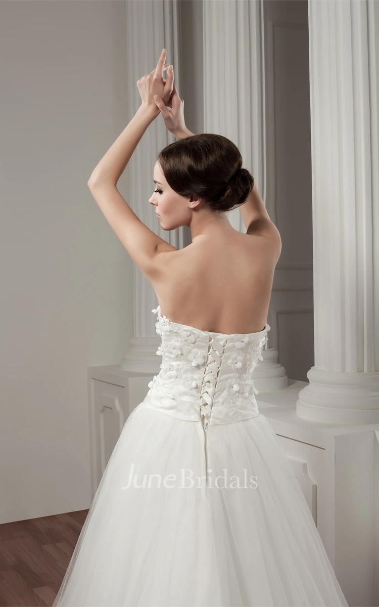 Strapless A-Line Gown with Floral Embellishment and Tulle Overlay