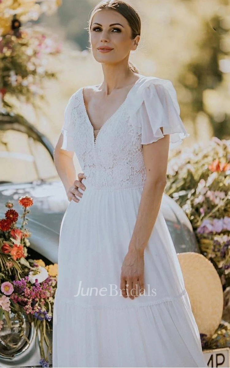 A Line V-neck Lace Floor-length Short Sleeve Wedding Dress with Ruffles