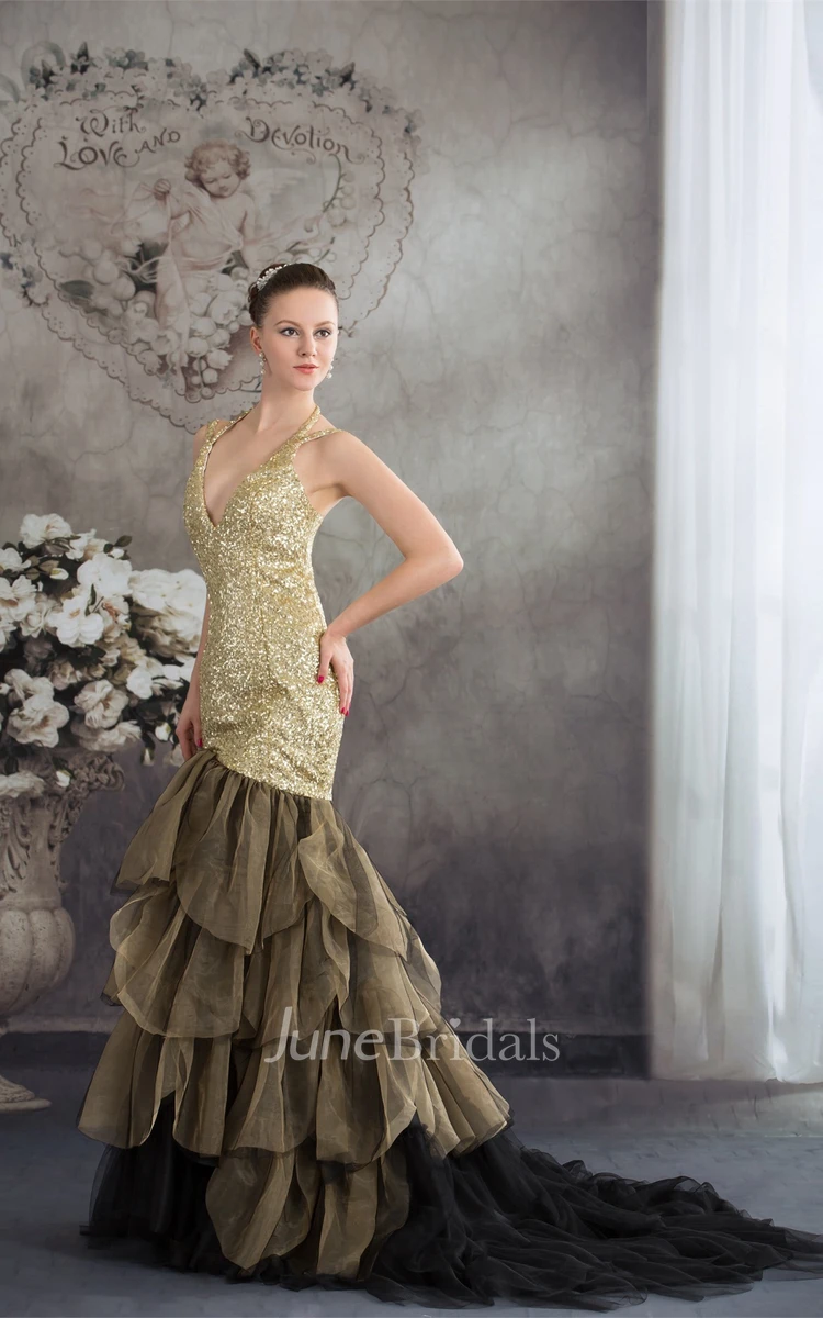 Plunged Tiered Trumpet Gown with Tiers and Sequined Bodice