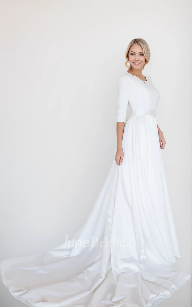 Simple 3/4 Length Sleeve Casual Wedding Dress Simple A-Line Jewel Neckline Bridal Dress