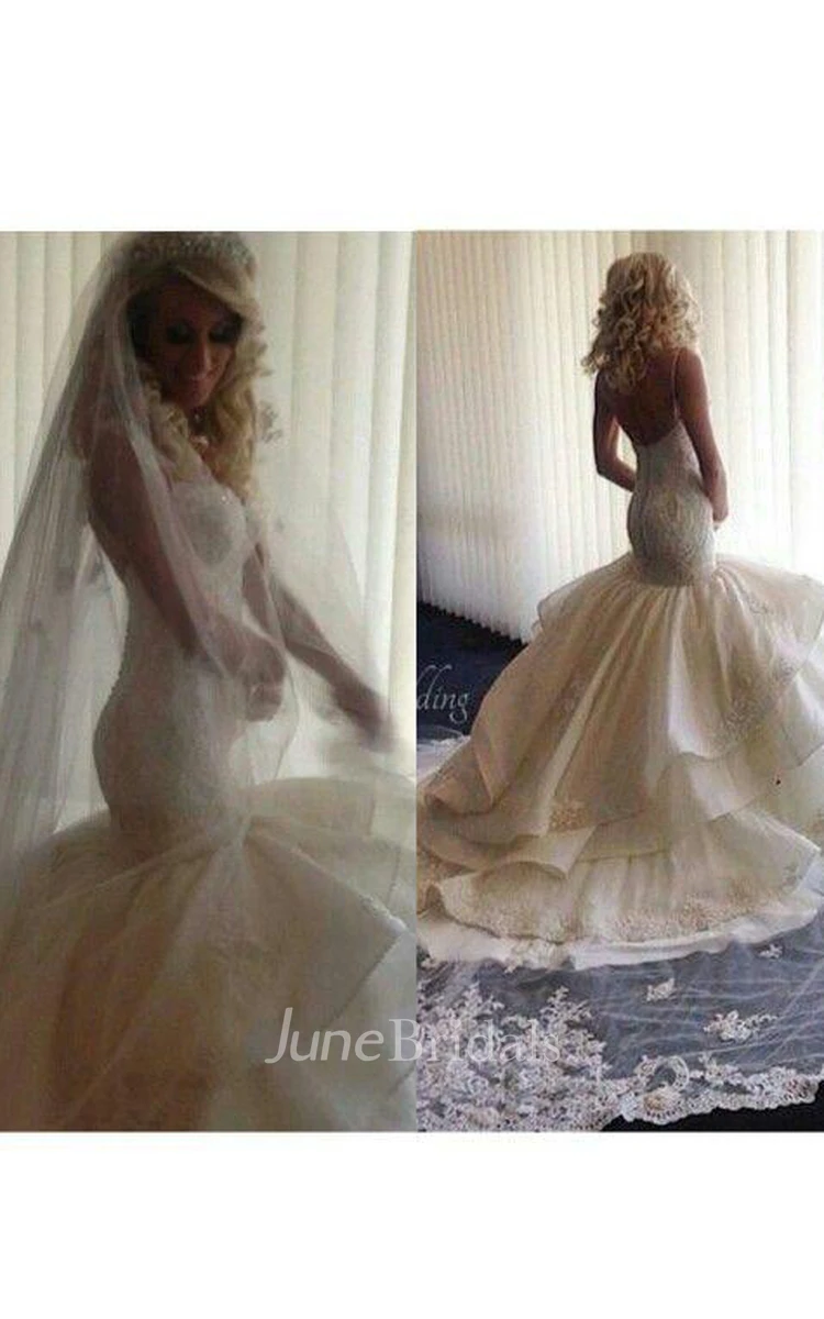 Fairy Open Back Lace Mermaid Wedding Dress With Ruffles