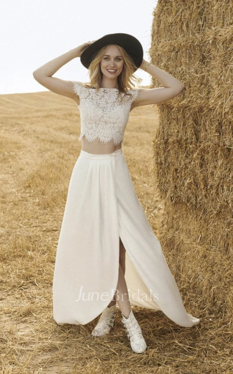 Front Split Short Sleeve Two-piece Wedding Dress With Lace Top And Chiffon Skirt