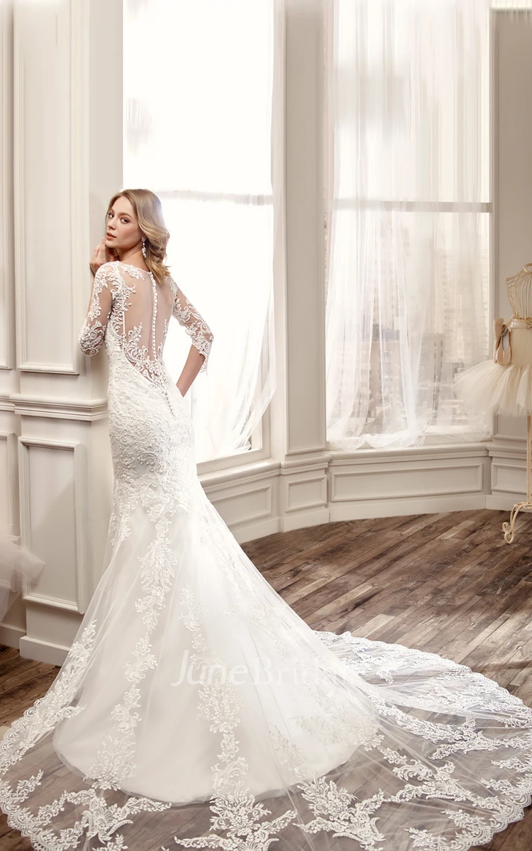 3-4-Sleeve Mermaid Lace Wedding Dress With Illusion Back And Court Train