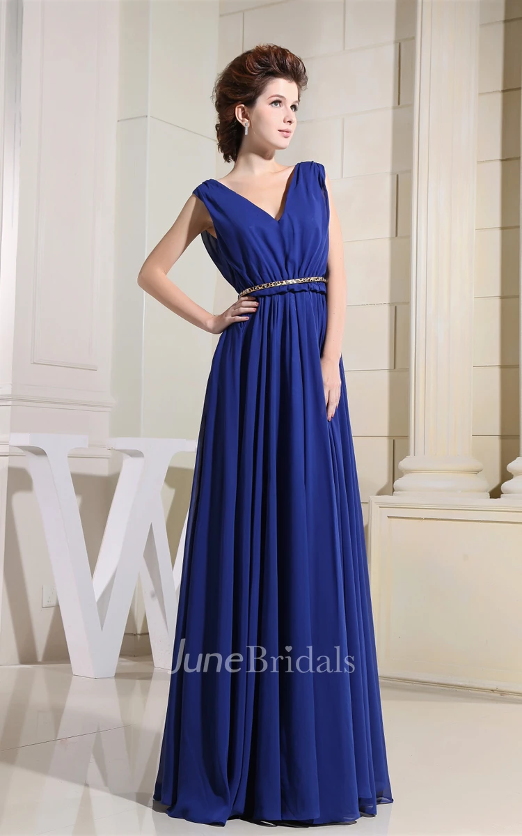 V-Neck Chiffon Floor-Length Dress With Ruching and Cinched Waist