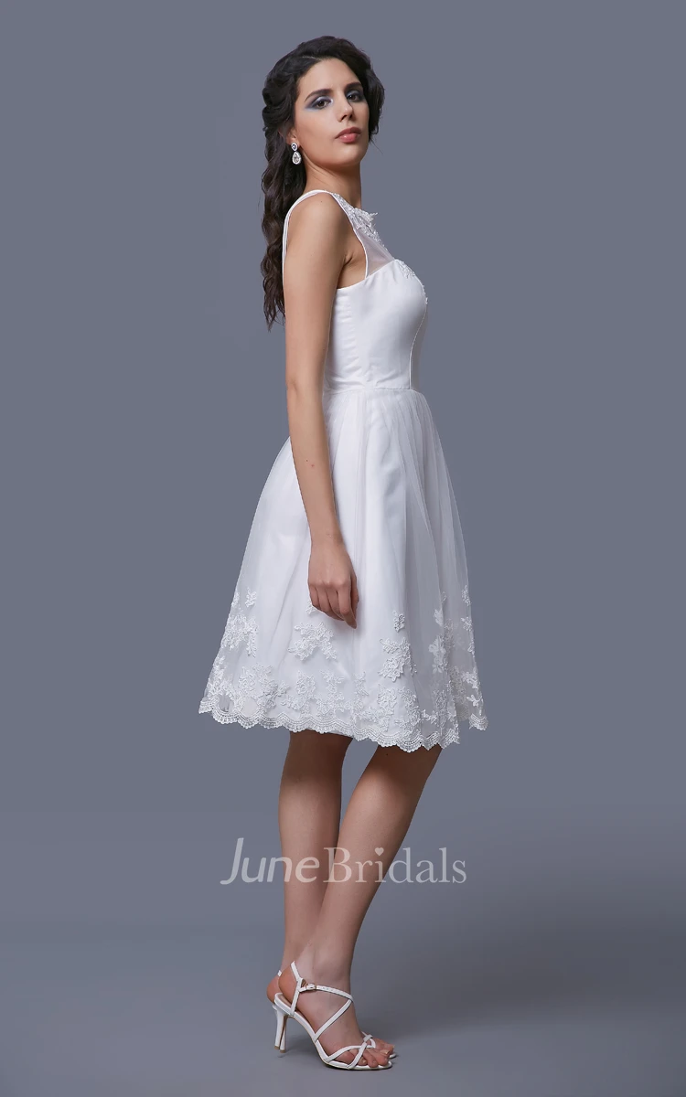 Sleeveless A-Line Short Dress With Illusion Straps and Lace Appliques