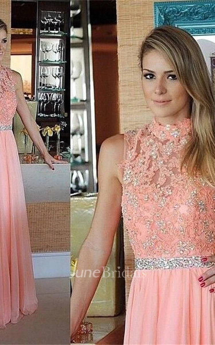Delicate Appliques Beadings Pink Evening Dress High Neck A-line