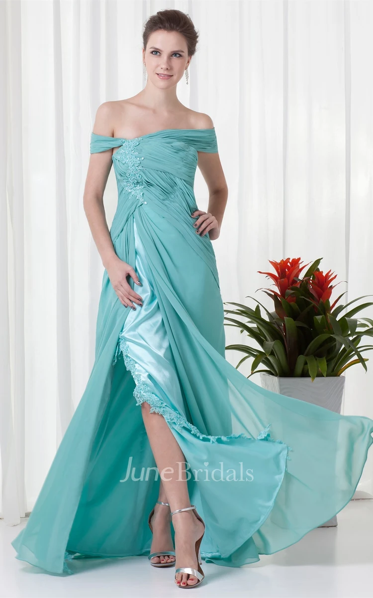 Off-The-Shoulder Chiffon Front-Split Dress with Ruching and Appliques