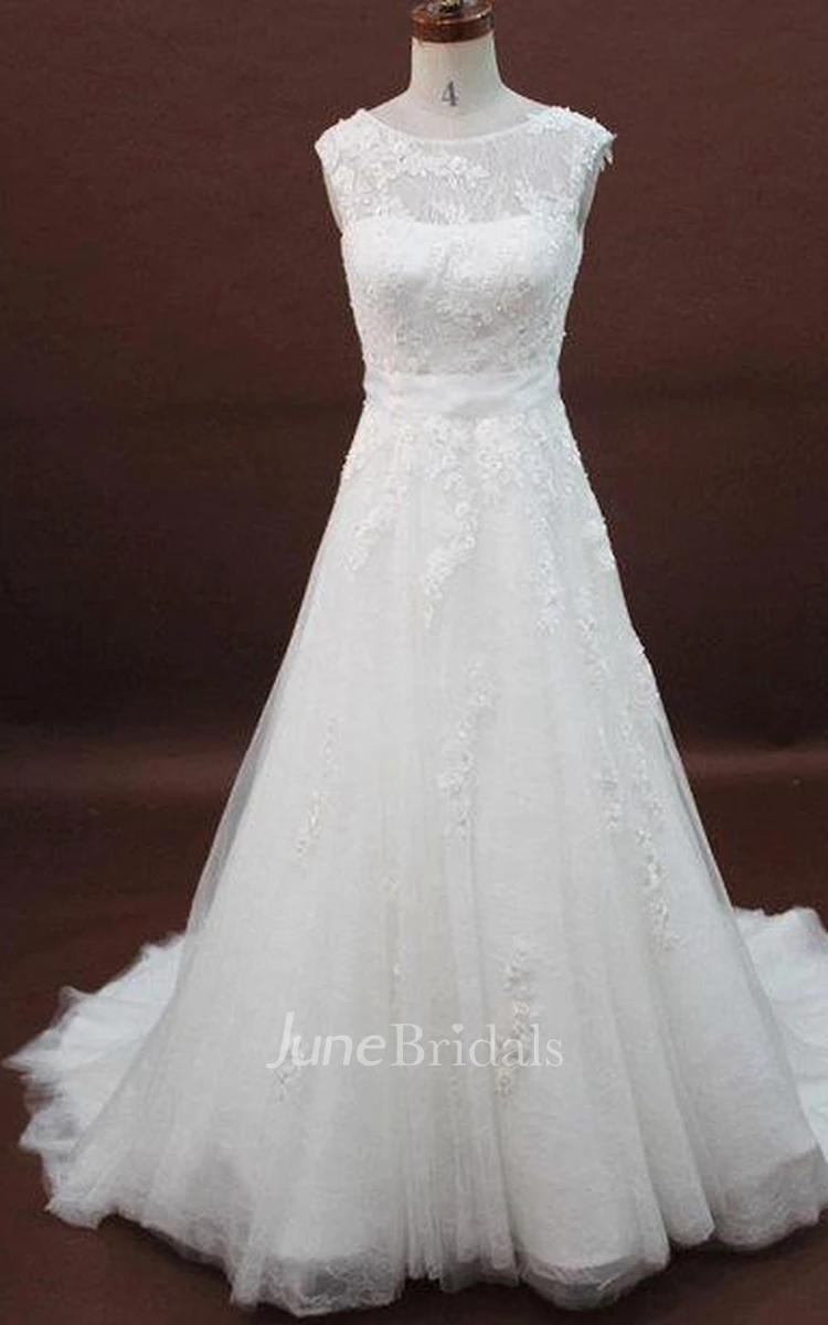 Jewel Neck Sleeveless Long A-Line Lace Wedding Dress With Beading