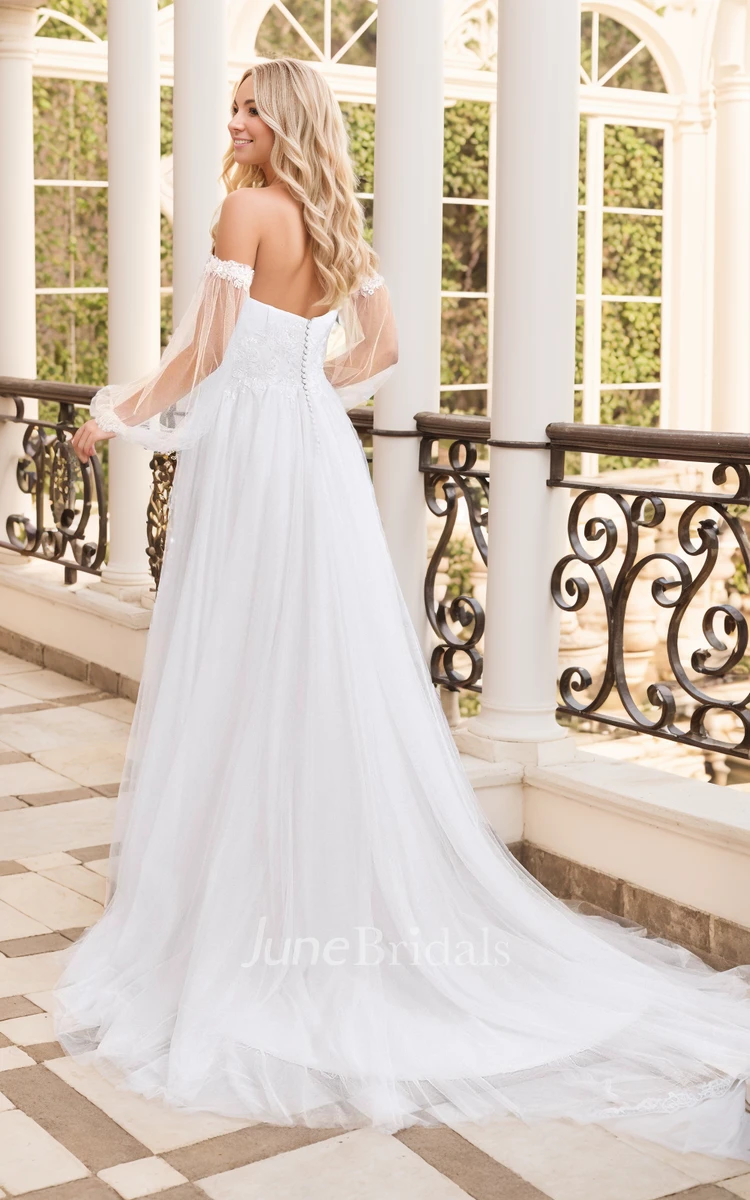 Romantic Floral A-Line Boho Lace off the Shoulder Beach Garden Wedding Dress Modern Flowy Plunging Neckline Puff Sleeve Floor Length Trained Tulle Bridal Gown