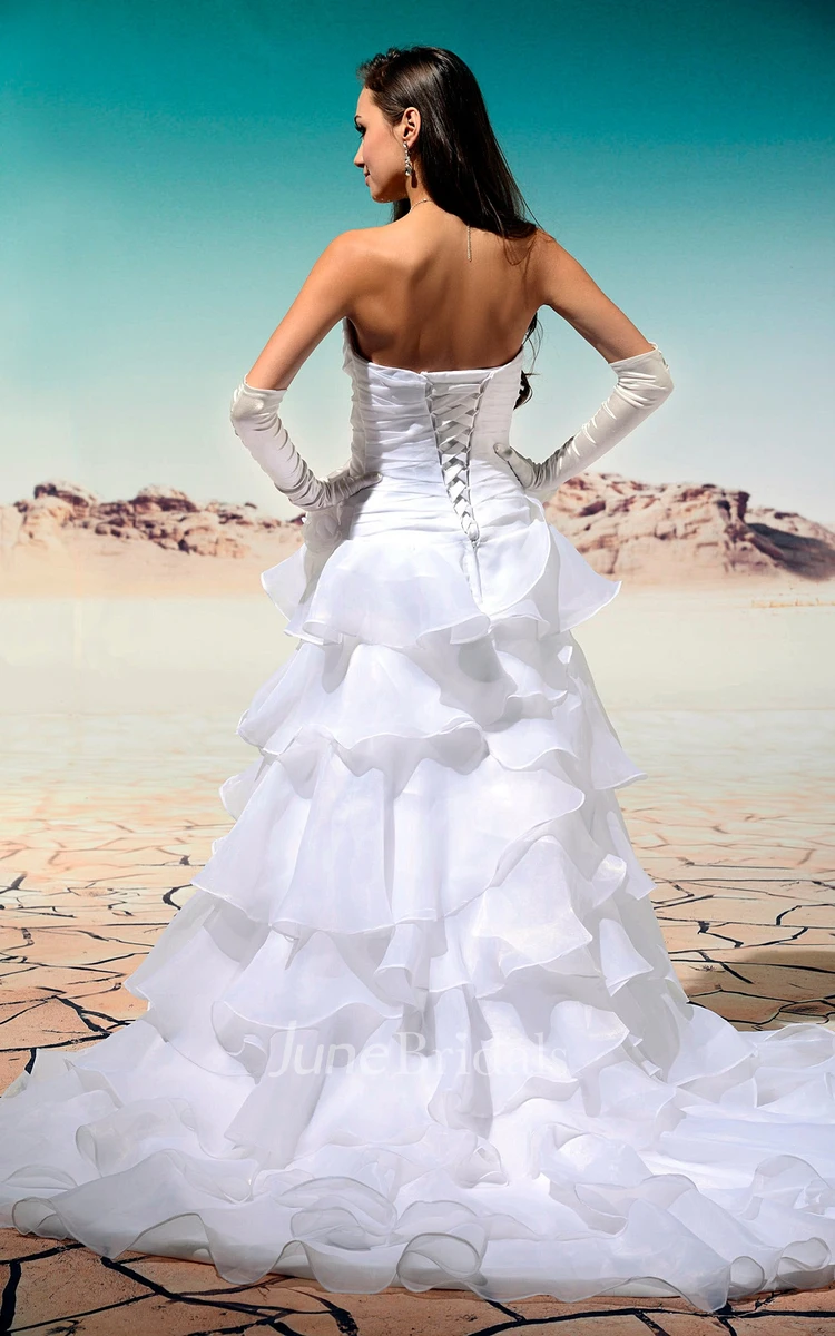 Sweetheart Criss-Cross Ruffled Gown With Tiers and Flower