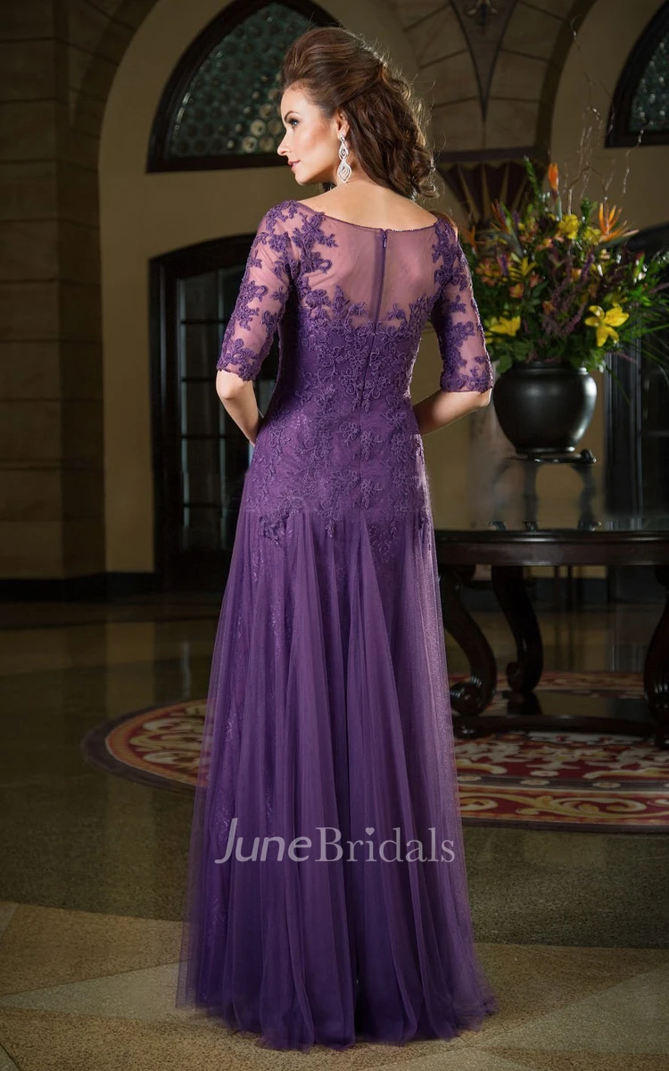 Half Sleeve Scoop-neck Tulle Mother of the Bride Dress With Appliques