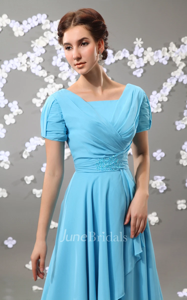 Chiffon Pleated Short Square-Neck Sleeve Dress With Ruching