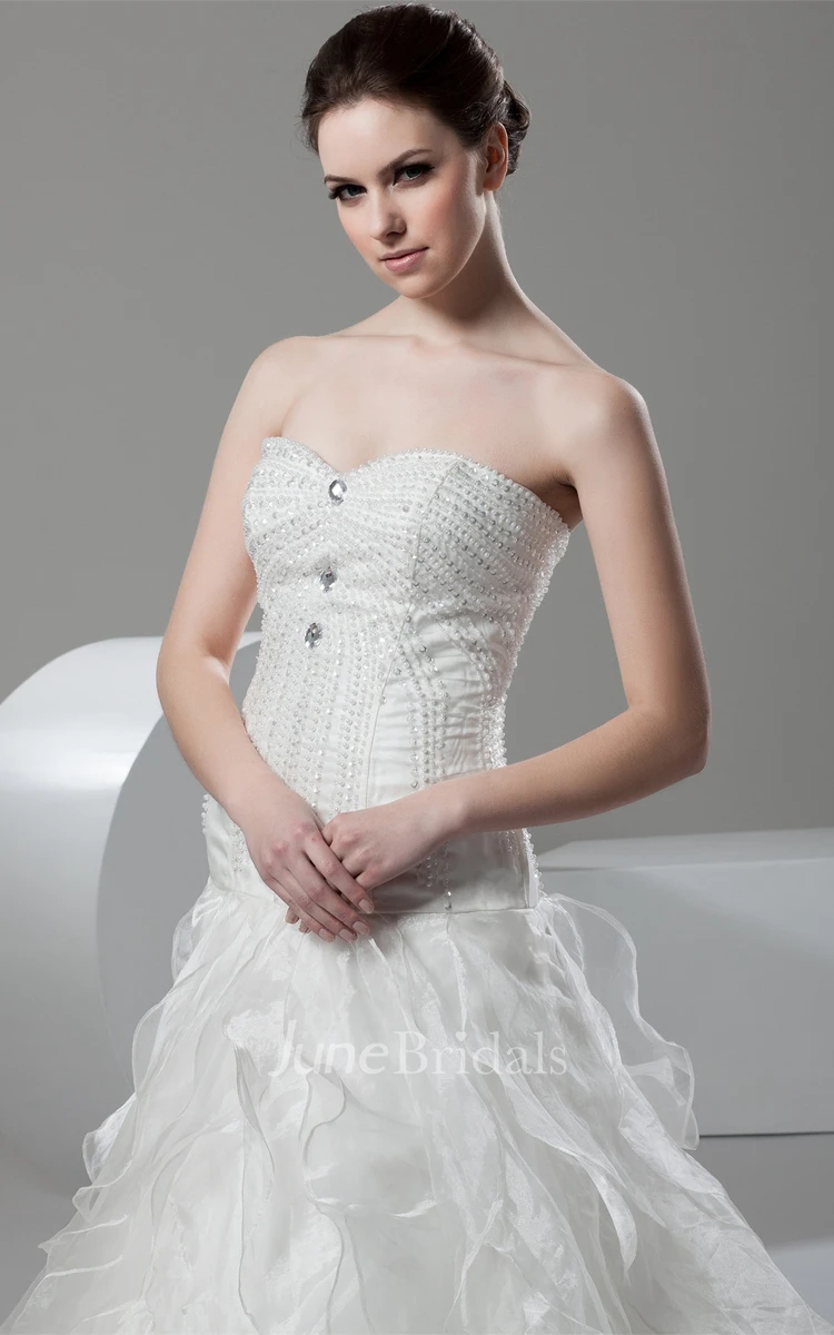 Strapless Beaded A-Line Gown with Ruffles and Chapel Train