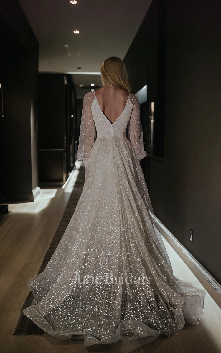 Modest V-neck Satin Floor-length Sequins Wedding Dress Beach Sexy Illusion Bridal Gown