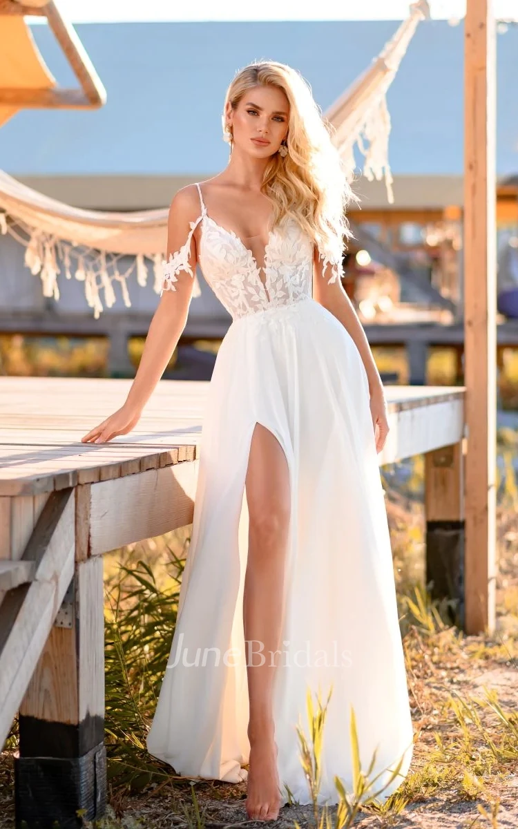 A-Line Sexy Deep V-Neck Chiffon Spaghetti And Off The Shoulder Strap Front Split Beach Wedding Dress With Applique
