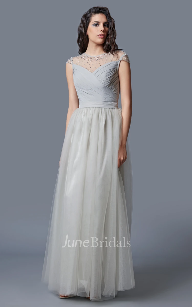 Glamorous Short Sleeve Criss-Crossed Tulle Gown With Chiffon Belt and Beading