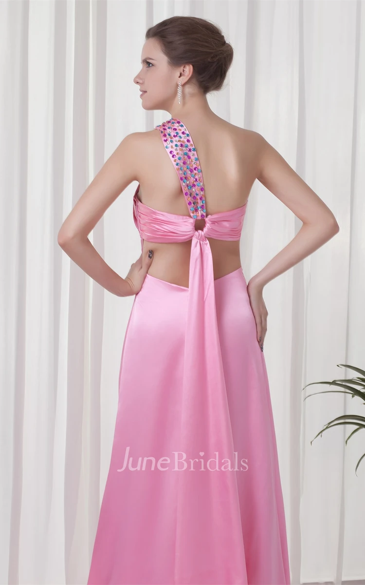 satin sheath floor-length sleeveless dress with brush train and ruching