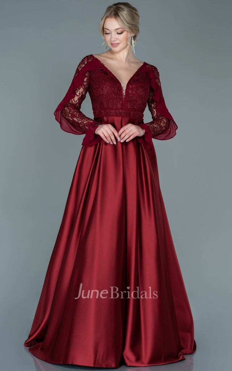 Romantic A-Line V-neck Satin Lace Prom Dress With Long Sleeve And Open Back