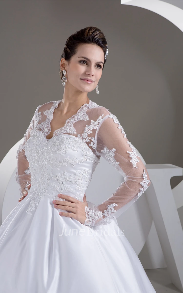 Scalloped-Neck Long-Sleeve Beaded Ball Gown with Illusion