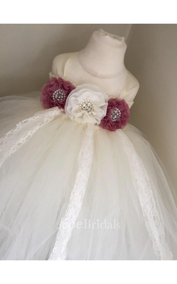 Cap Sleeve Dusty Rose Bust Pleated Tulle Flower Girl Dress With Lace Detailing