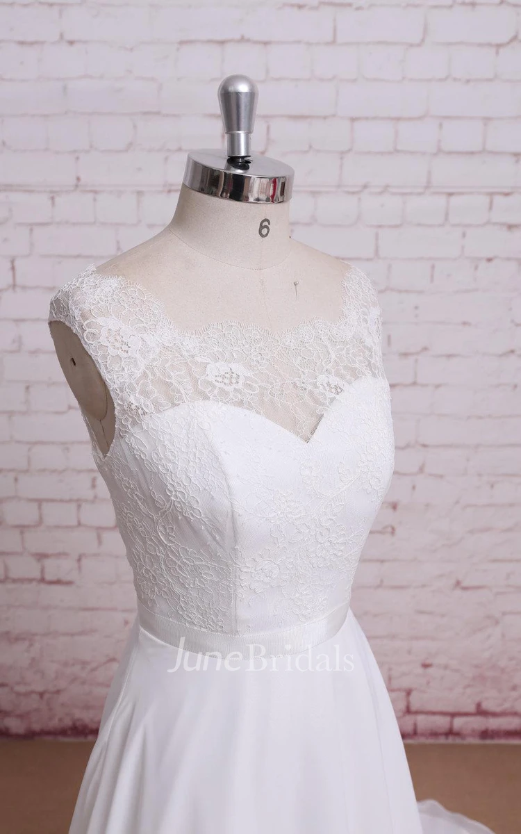 Simple Bateau Neck Sleeveless Chiffon Wedding Dress With Sheer Back