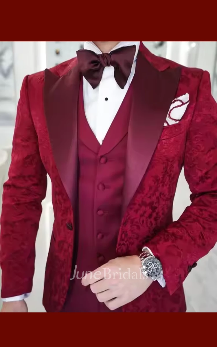 Modern Floral 3 Piece Slim Fitted Men's Wedding Tuxedo Stylish Fashion Burgundy Red Party Prom Suits Blazer Jacket Vest Pants