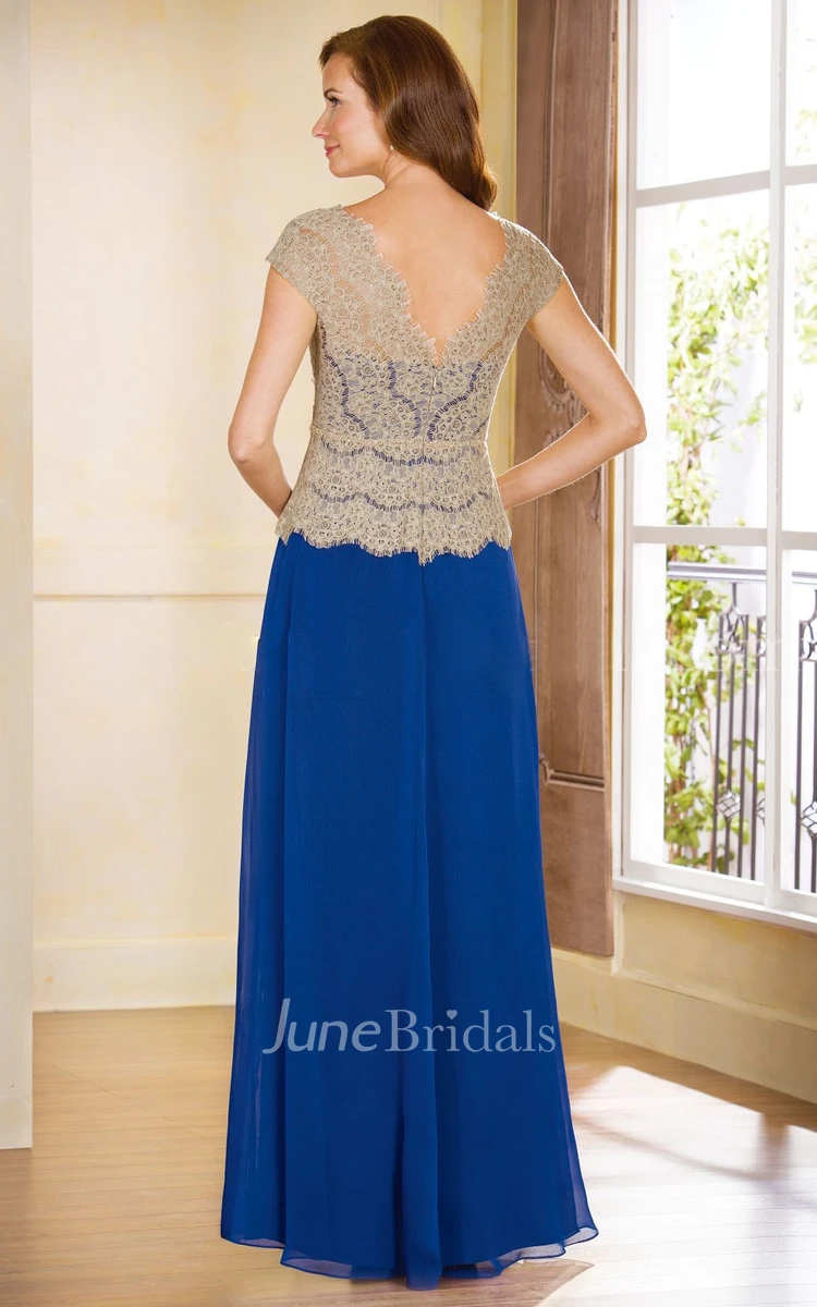 Two-tone Cap-sleeve V-neck Mother of the Bride Dress With Lace top
