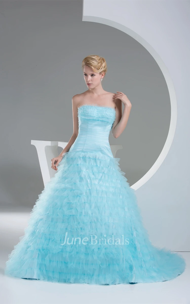 Strapless A-Line Ruffled Dress with Ruching and Tiers