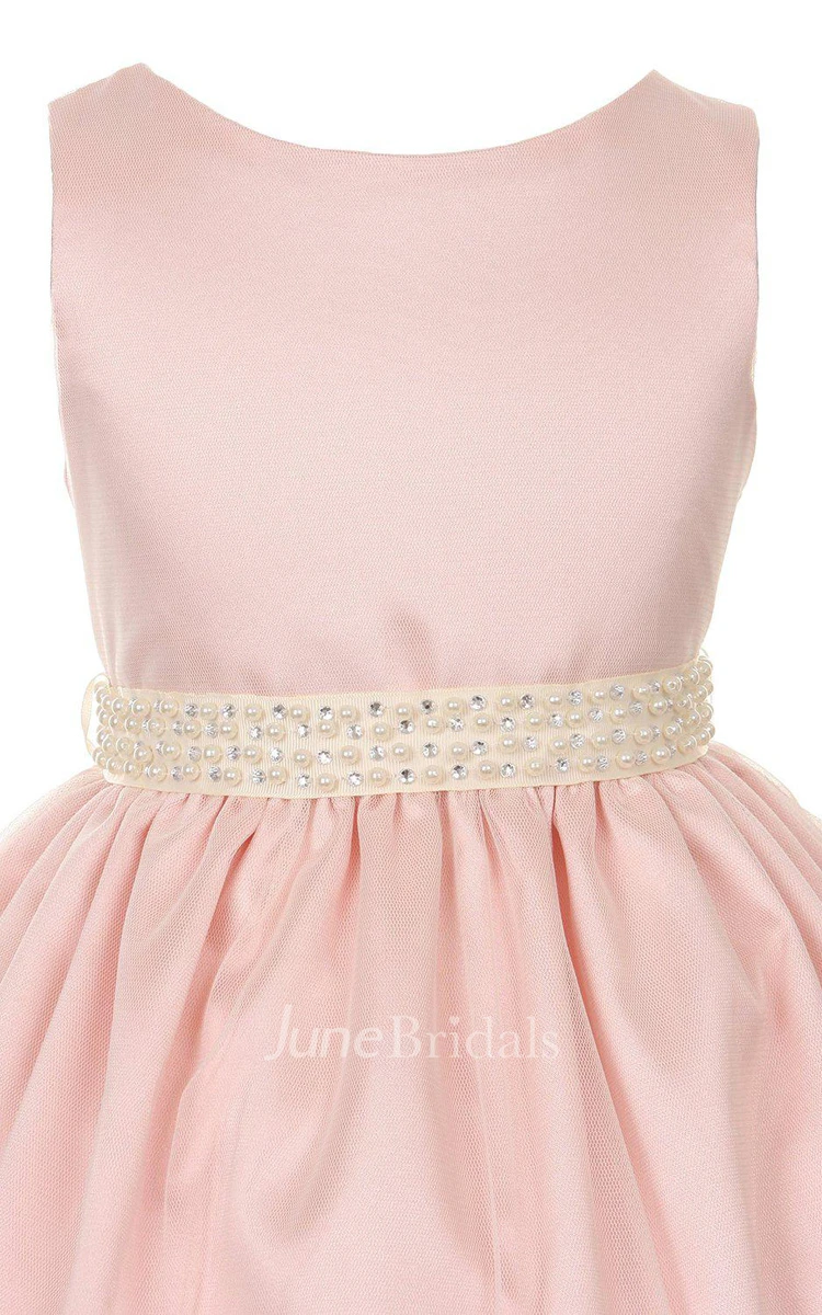 Sleeveless A-line Beaded Dress With Pleats and Bow