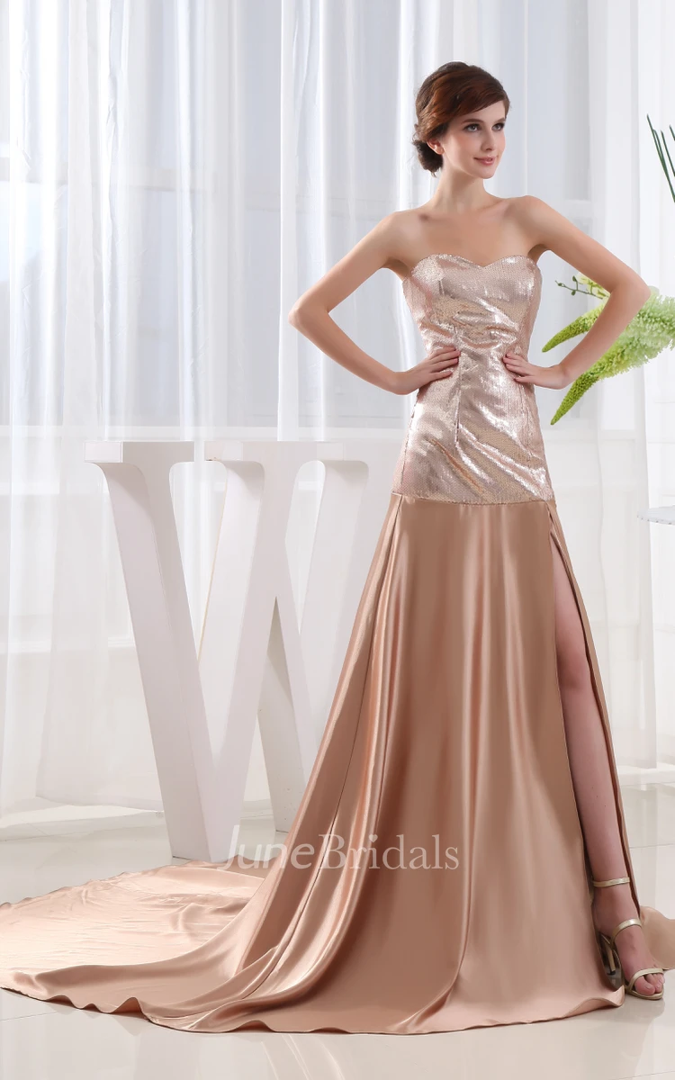 Strapless Front-Split Satin Dress With Sequined Top