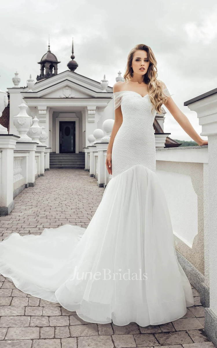 Elegant Off-the-shoulder Short Sleeve Wedding Dress with Chapel