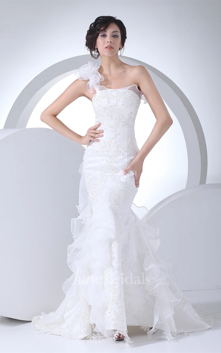 One-Strap Mermaid Ruffled Dress with Appliques and Corset Back