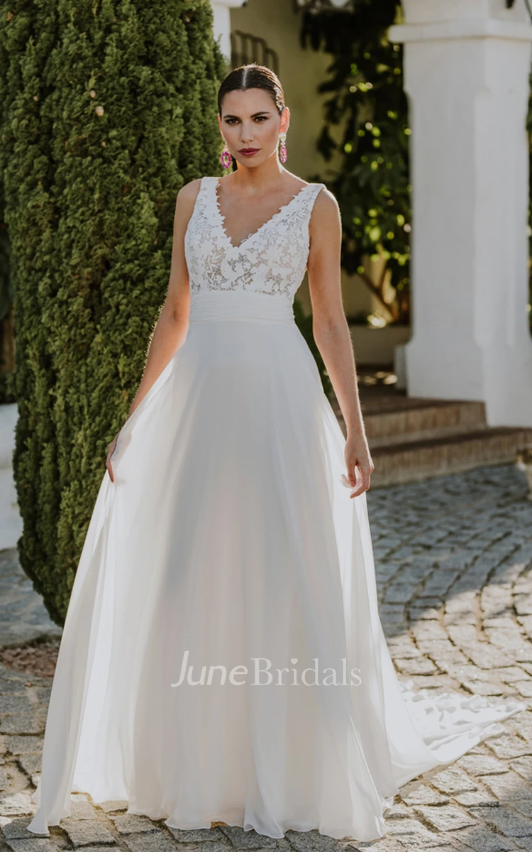 A-Line V-neck Chiffon Romantic Wedding Dress With Open Back And Appliques