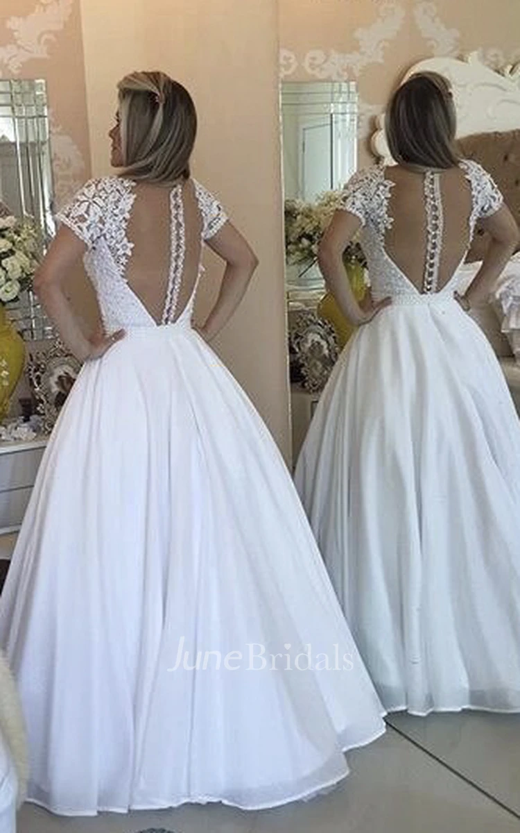 Elegant Short Sleeve Wedding Dresses A-Line Lace Appliques With Pearls