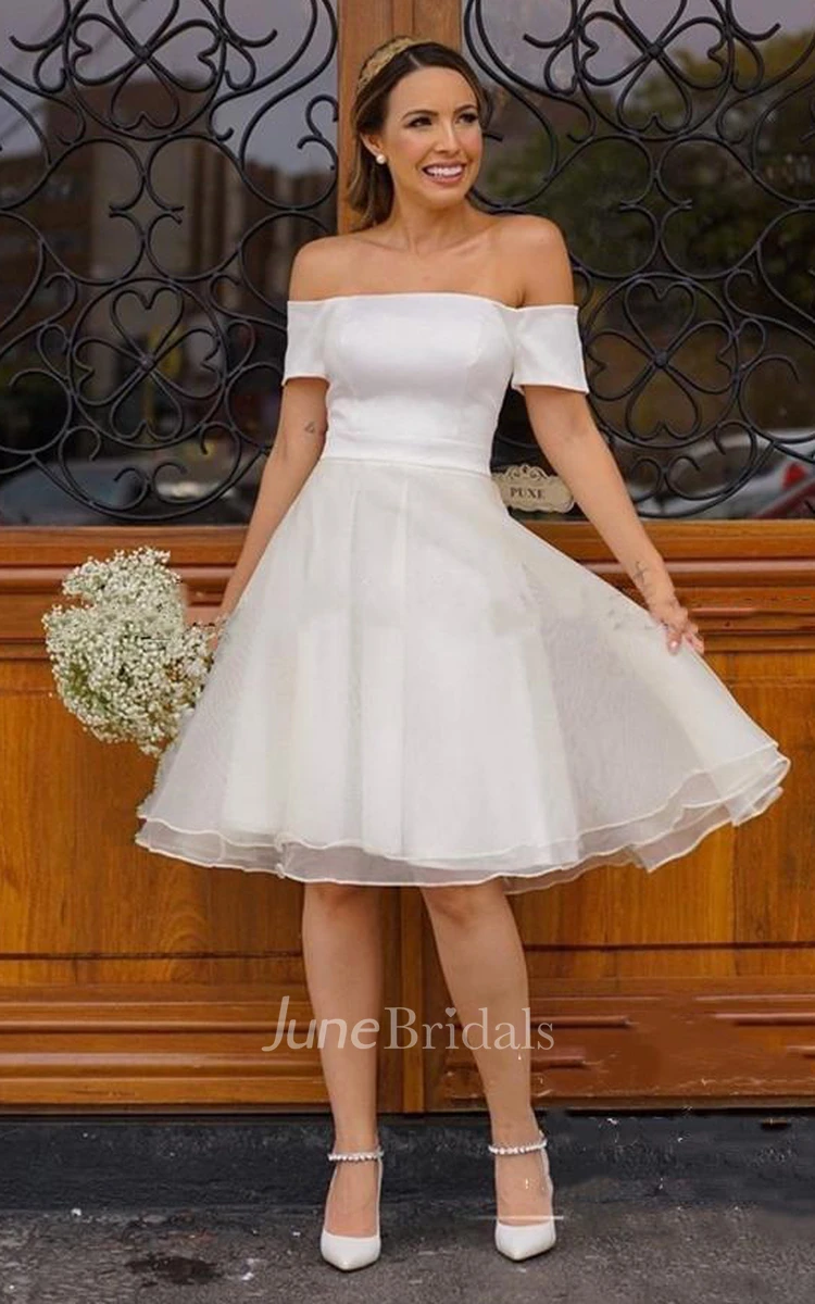 Vintage A Line Satin Organza Off-the-shoulder Sleeveless Wedding Dress with Pleats