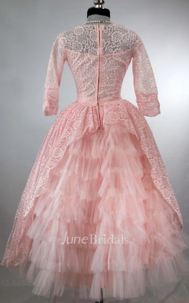Vintage Long-sleeved Lace Ball Gown With Ruffles