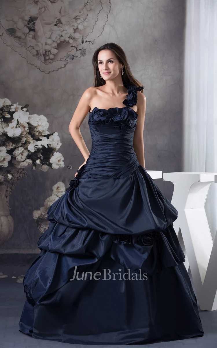 Sleeveless Pick-Up Ruffled Ball Gown with Ruching and Floral Strap