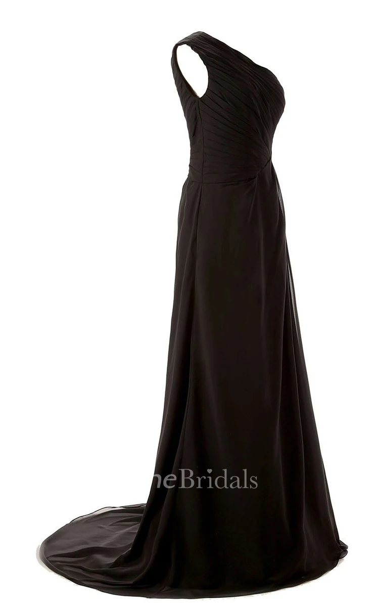 One-shoulder Side-drappping Chiffon A-line Gown With Train