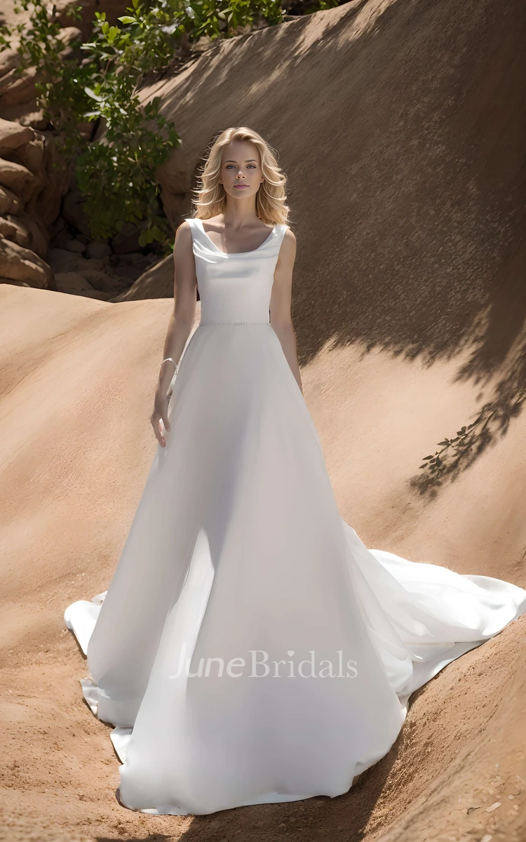 Modern Satin A-Line Simple Wedding Dress Sleeveless Scoop Solid Train Gown