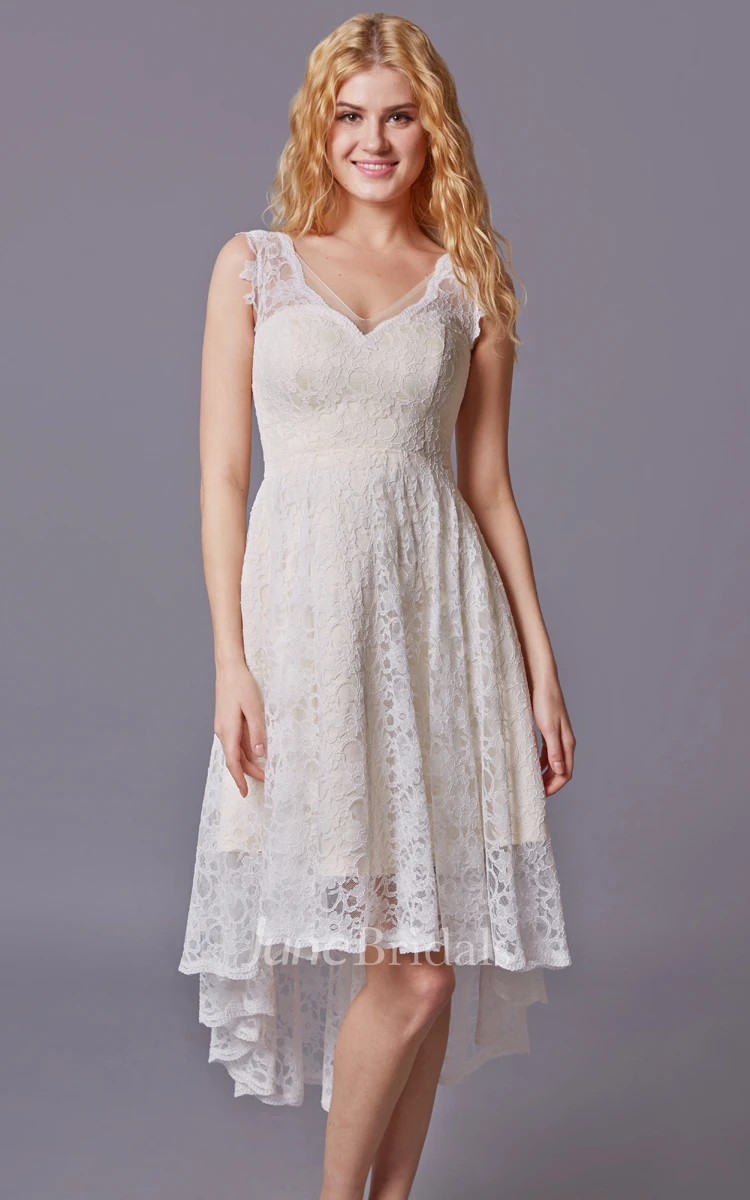 Sleeveless High Low Lace Bridesmaid Dress With V-neck
