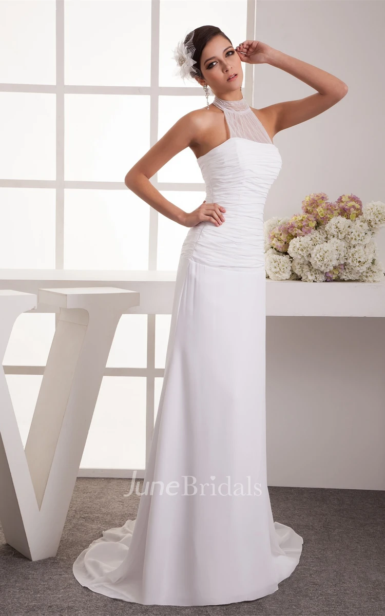 Sleeveless High-Neck Floor-Length Dress with Ruched Bodice