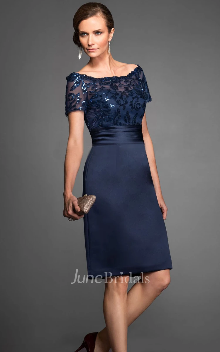 Sparkly Sequins Short-Sleeved Knee-Length Mother Of The Bride Dress With Sequins And Illusion Style