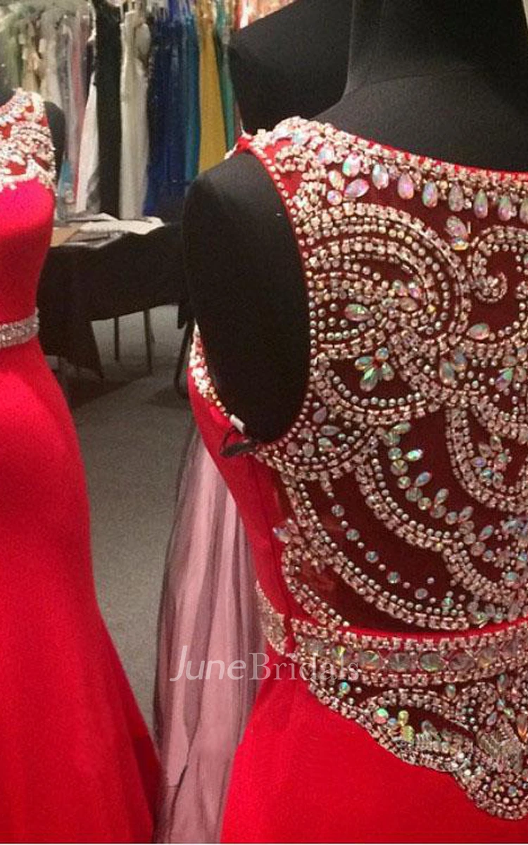 Modern Red Crystals Mermaid Prom Dress Illusion Sleeveless
