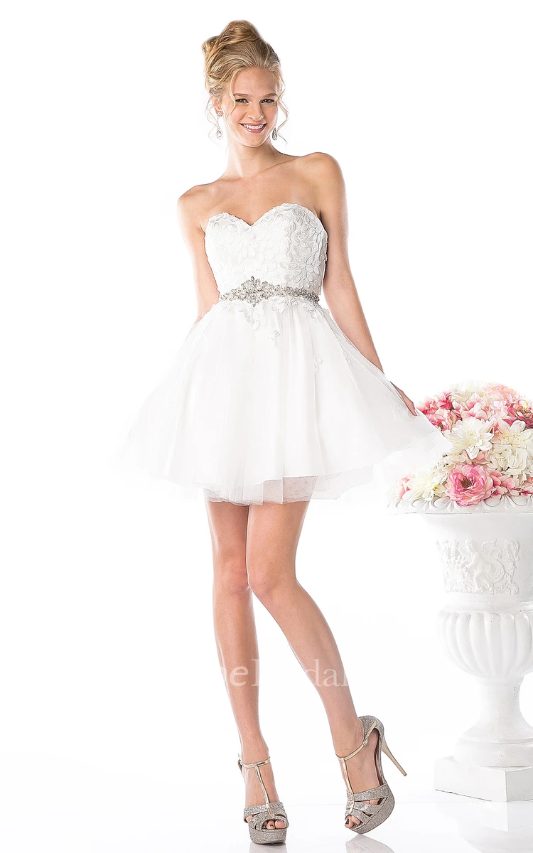 A-Line Sweetheart Tulle Satin Backless Dress With Appliques And Waist Jewellery