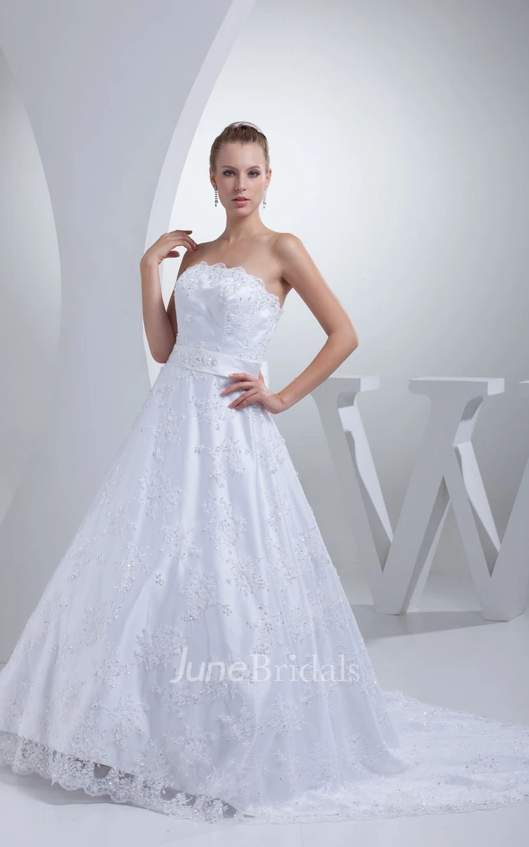 Strapless A-Line Floor-Length Dress With Bow and Appliques