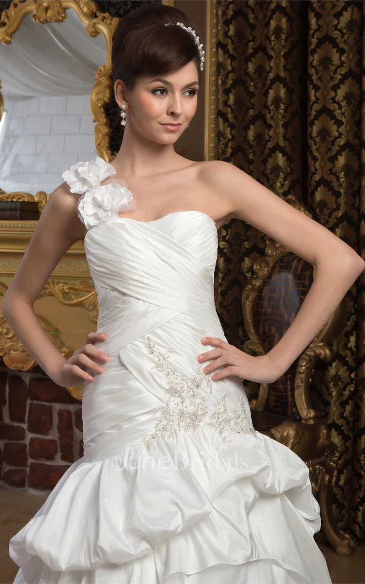 Sleeveless Ruched Pick-Up Gown with Appliques and Single Strap